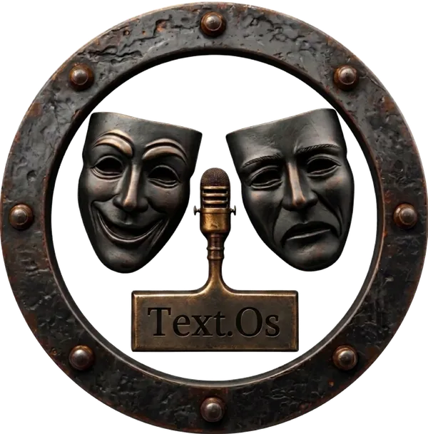 Sello editorial de Text.Os: dos máscaras de teatro y un micrófono dentro de un aro de hierro remachado