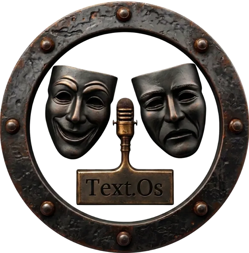 Sello editorial de Text.Os: dos máscaras de teatro y un micrófono dentro de un aro de hierro remachado